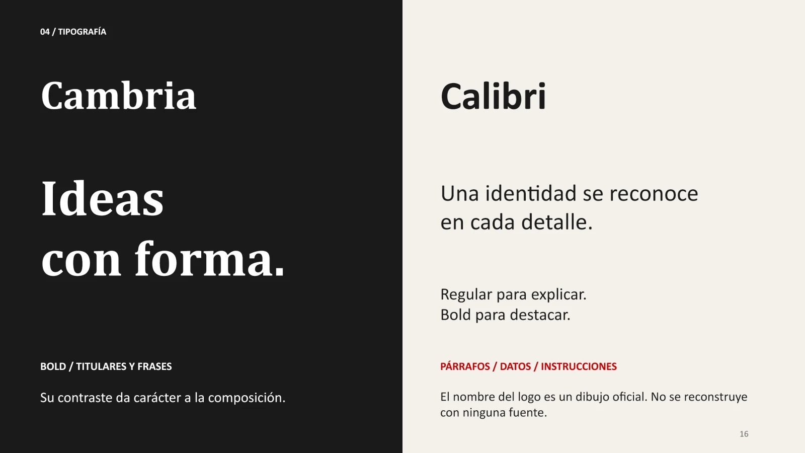 Pliegue: tipografías Cambria y Calibri